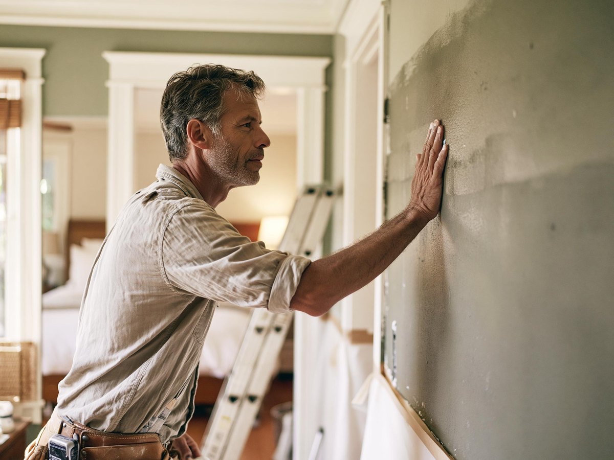 Drywall contractor in a work shirt and leather tool belt with one palm laid flat against a freshly skim coated hallway wall, checking the surface by feel, a folded step ladder and an open bedroom doorway behind him and daylight coming from a window at the far end