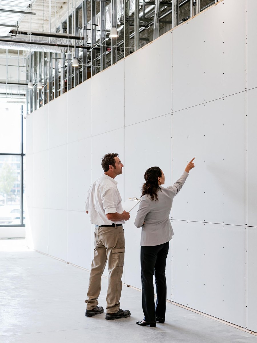 Contractor with a clipboard and a woman in business clothes standing together at a bare partition wall of pale gray drywall board in an empty commercial suite, she points along the wall while he follows her hand, exposed suspended lighting overhead and the concrete floor swept
