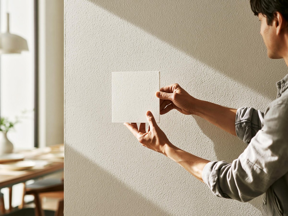 Close view of a knockdown textured dining room wall painted a pale warm gray, with a hand holding a small freshly sprayed sample tile flat against it so the two patterns meet edge to edge, bright daylight raking down the wall so the flattened plates of texture stand out on both