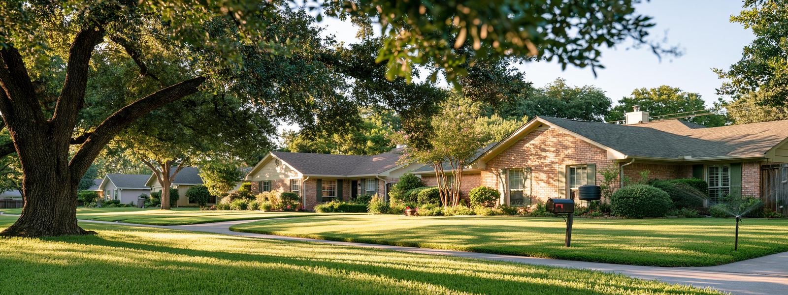 Wide flat Bermuda grass lawn running back to a single story brick home set well back from the street, a cedar elm shading one edge, clear late afternoon light with the sky still bright and long shadows over the grass
